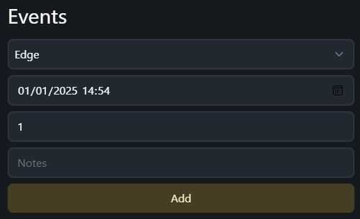 A form with fields for type of event, date, amount and notes.