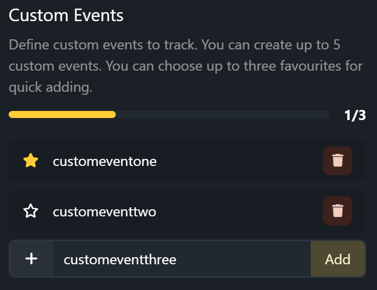 A menu with fields for a start date and defining the names of custom events