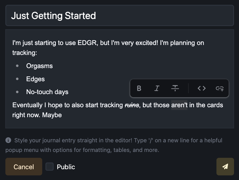 Create a new journal post by filling out the fields and clicking the 'Post' icon.