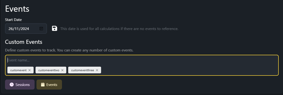 A menu with a start date field, and a section to define the names of custom events.