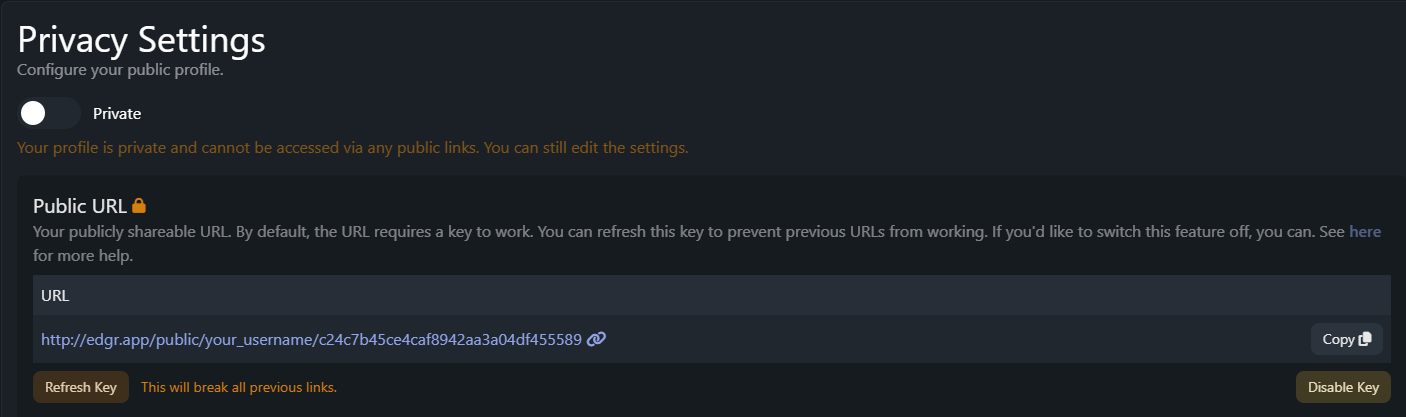 An image showing settings related to sharing a public profile. Including a link, settings for an api key and a toggle to publish the profile.