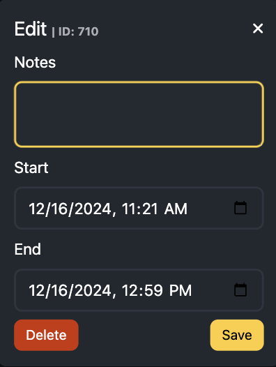 An edit form with fields for notes, start and end date.