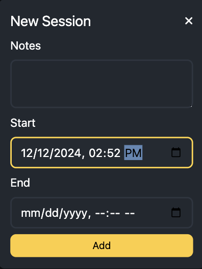A form with fields for adding a new session, including notes, a start and end date.